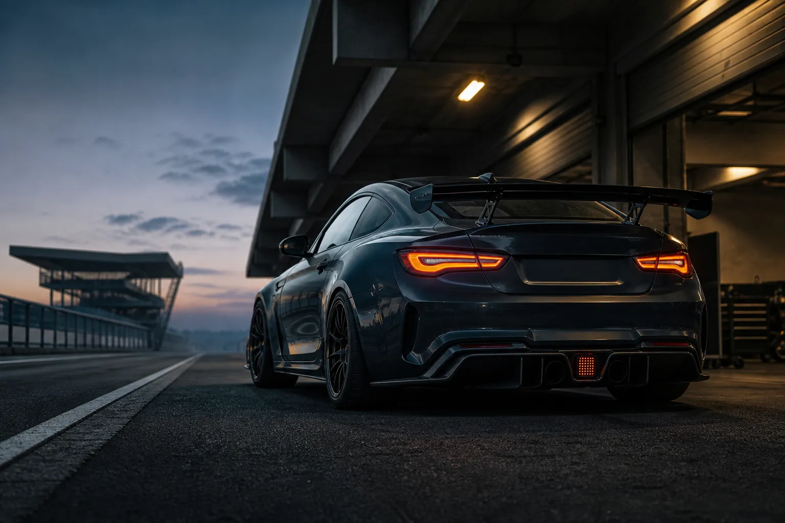 An unbranded track car parked in a pit lane at dusk